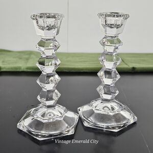 Vtg MIKASA Crystal Clear JewelStone Pattern Candlestick Candle Holder Set of 2
